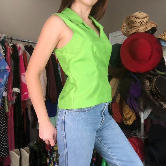 SIDE ZIP LIME AWAY 70s STYLE COLLAR SLEEVELESS TOP - Picture 2 of 4